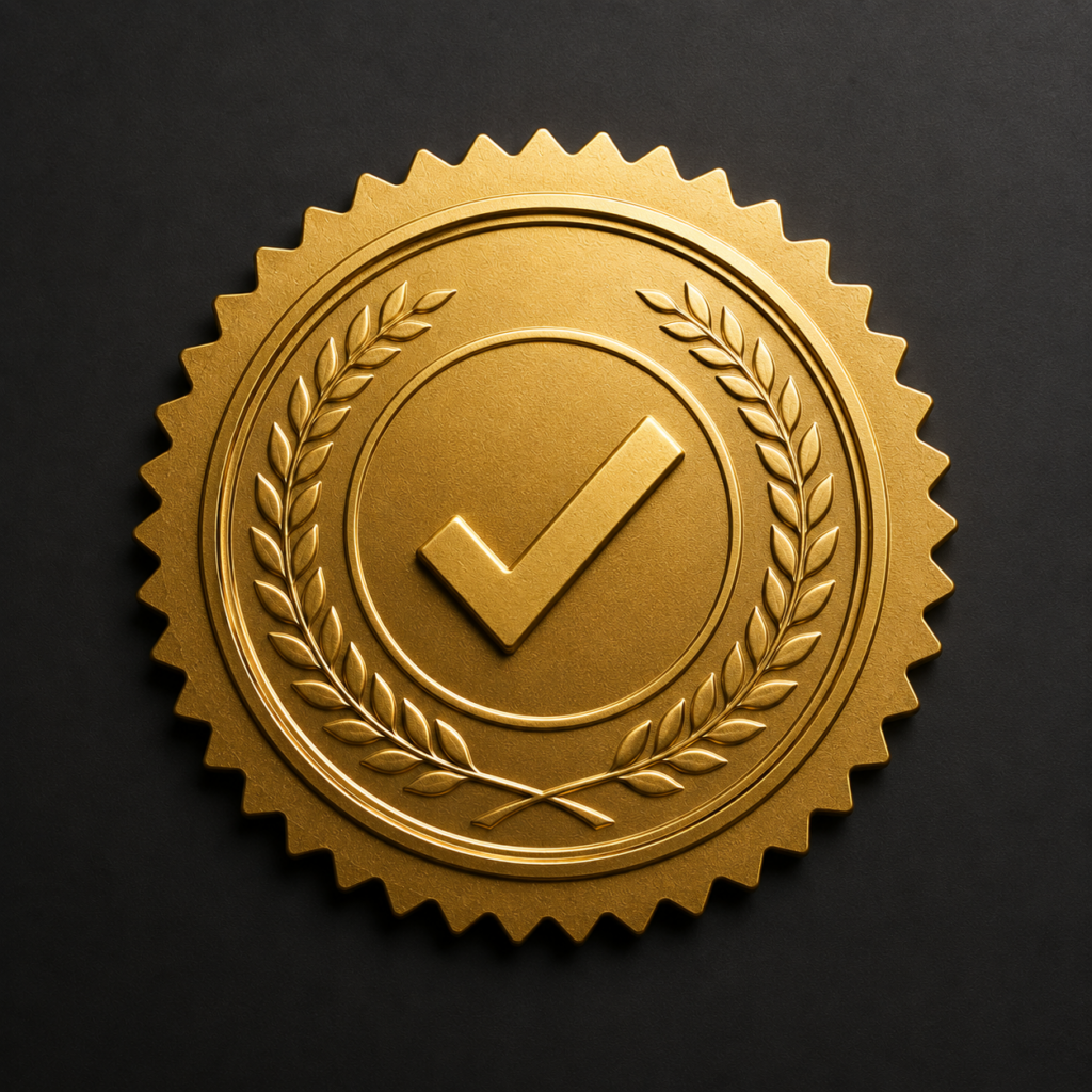 Sello dorado con símbolo de verificación como representación de excelencia y calidad
