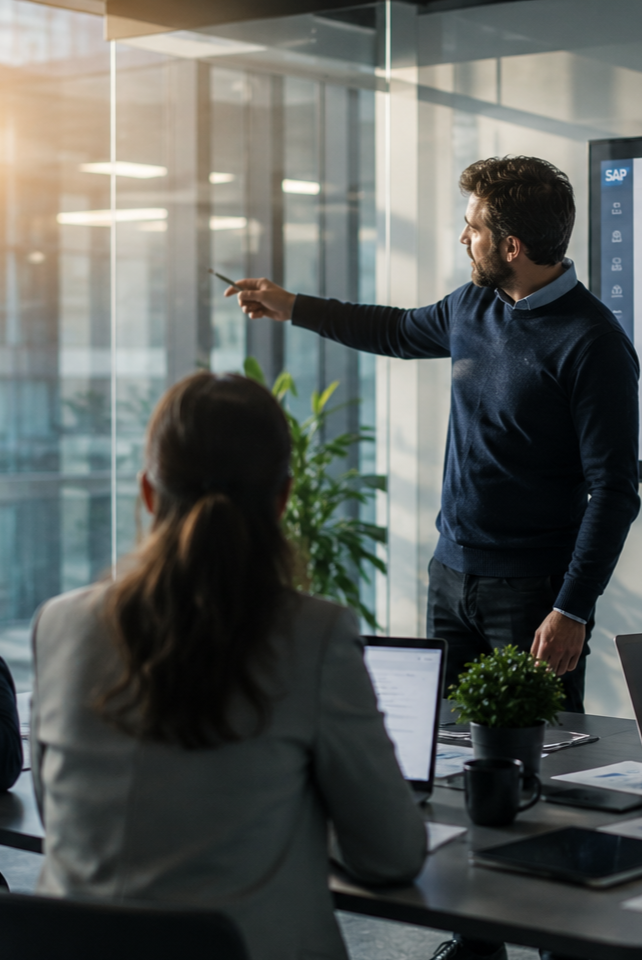Consultor presentando soluciones empresariales en un entorno corporativo moderno