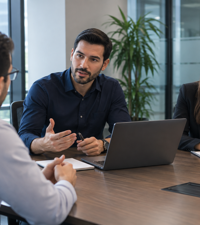Consultores reunidos con un cliente para analizar un proyecto