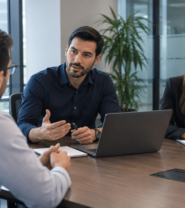 Consultores reunidos con un cliente para analizar un proyecto